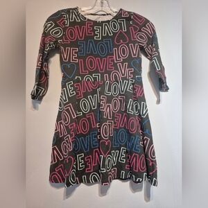 Girls Black LOVE Print Long Sleeve Skater Dress - Pink Blue White Hearts